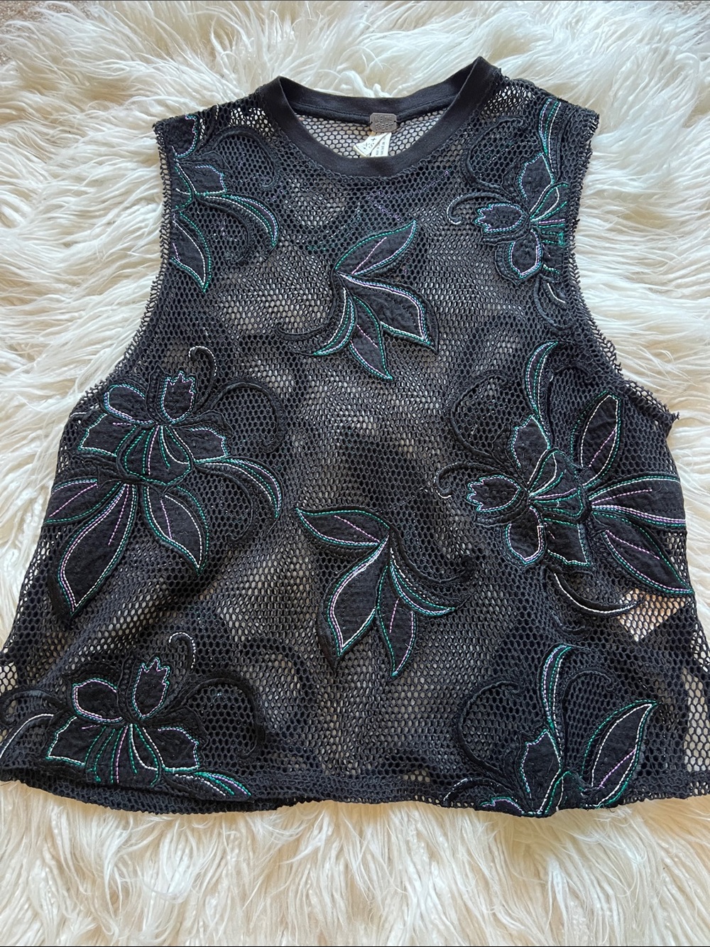 Free People Black Mesh Floral Embroidered Sleeveless Top
